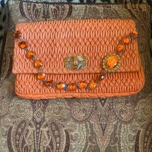 Miu Miu Tangerine Matelasse Leather Crystal Flap Shoulder Bag Large